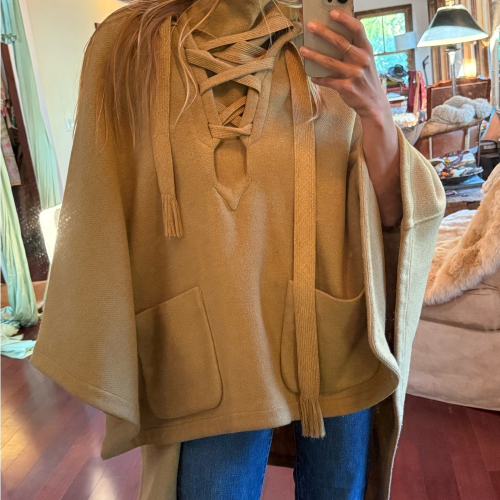 Chloe Gold Yellow Lace-Up Wool Poncho - Picture 9 of 10